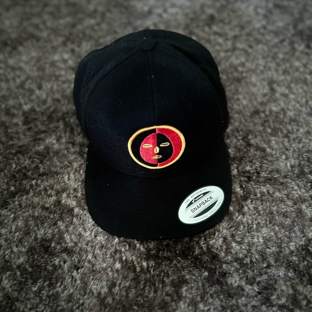 Black Snapback Hat with Red & Gold Embroidered Face Logo